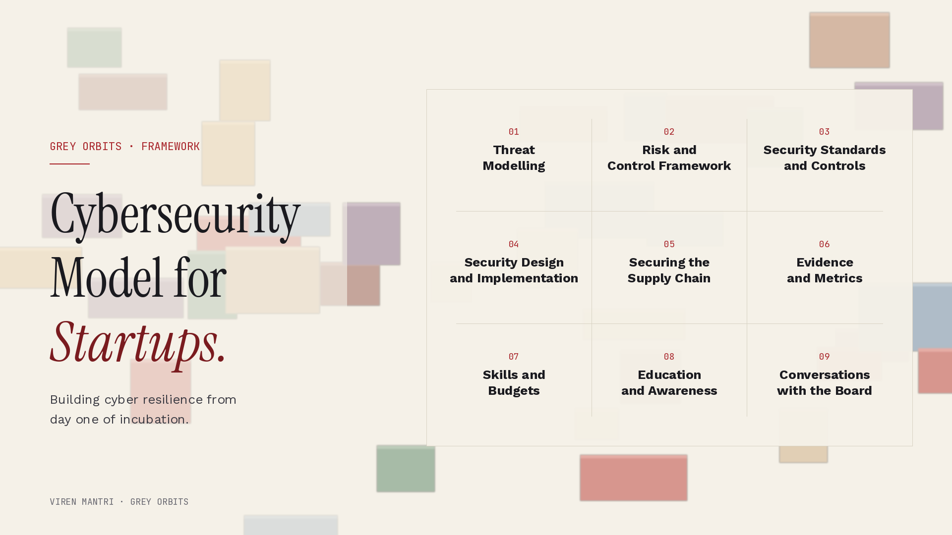 Nine areas of the Cybersecurity Model for Startups: Threat Modelling, Risk and Control Framework, Security Standards and Controls, Security Design and Implementation, Securing the Supply Chain, Evidence and Metrics, Skills and Budgets, Education and Awareness, Conversations with the Board.