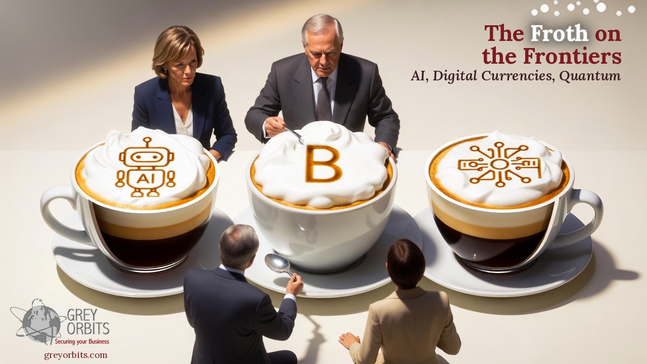 Three oversized cappuccinos with thick foam, each topped with a symbol: a robot for AI, a B for Bitcoin, and an atom for quantum.
