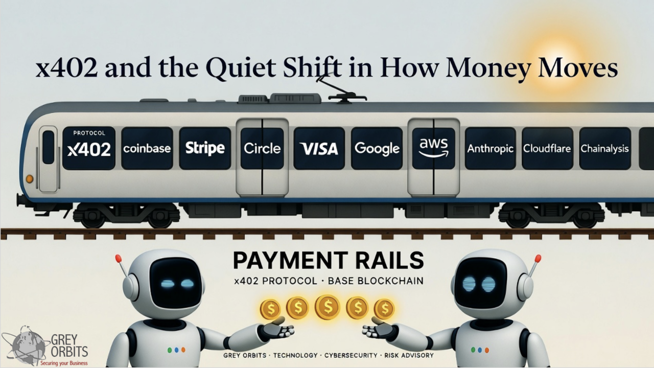 Illustration of a train carriage representing the x402 ecosystem, with members including Coinbase, Stripe, Circle, Visa, Google, AWS, Anthropic, Cloudflare, and Chainalysis visible as passengers travelling on payment rails labelled with x402 protocol and Base blockchain, while two AI agents exchange stablecoin tokens in the foreground