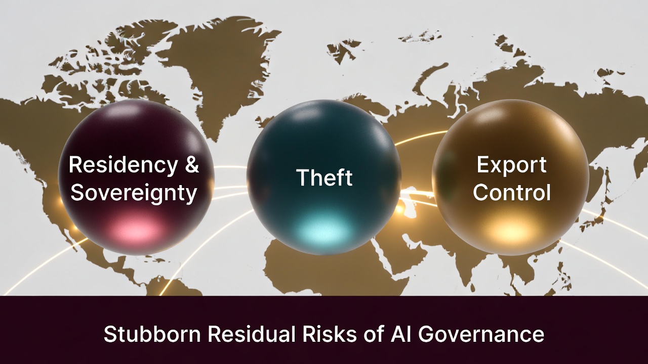 Editorial illustration for the article Managing the Stubborn Residual Risks of AI Governance. Three luminous spheres labelled Residency and Sovereignty, Theft, and Export Control, connected by glowing data flow lines across a world map.
