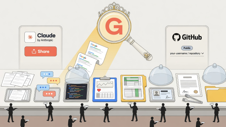 Buffet table of private documents and chat bubbles under open cloches, flanked by Claude's Share button and GitHub's Public badge, with a Google magnifying glass overhead.